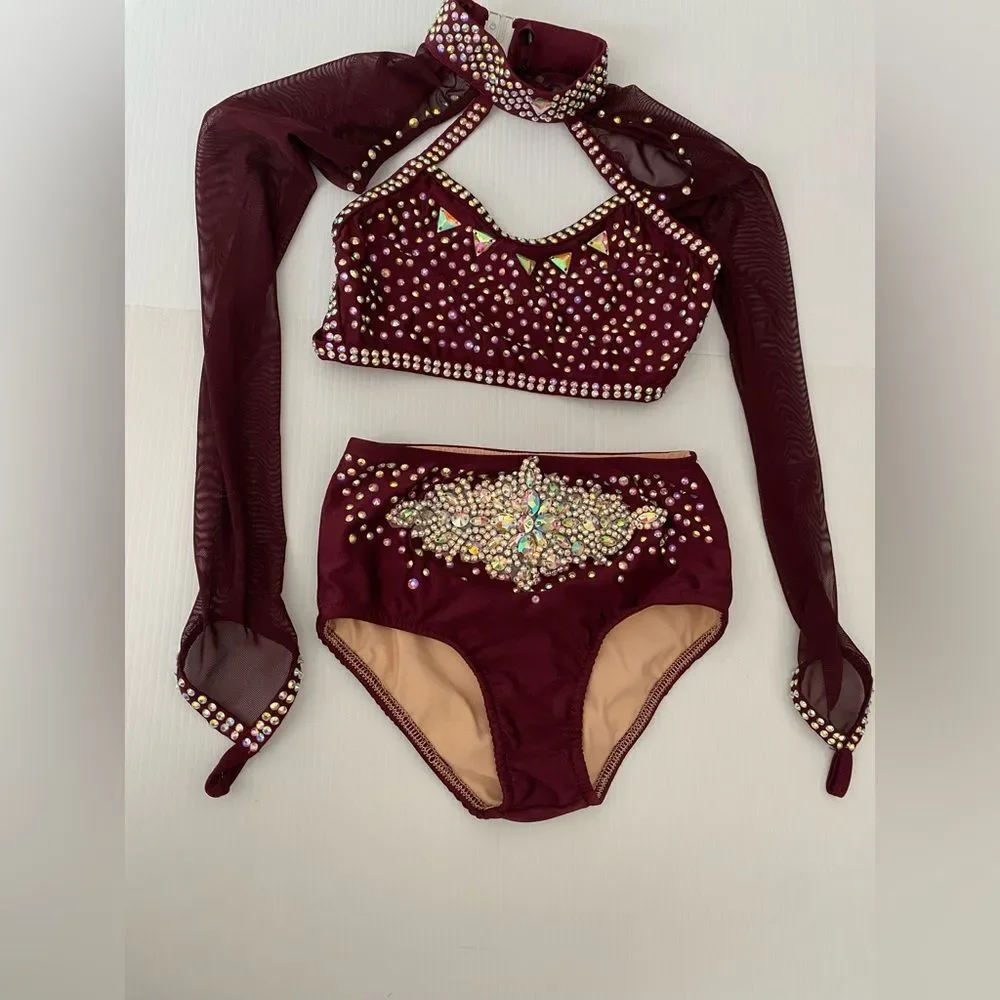 Glamour solo dance costume burgundy red 2 piece jazz contemporary MC-Med child